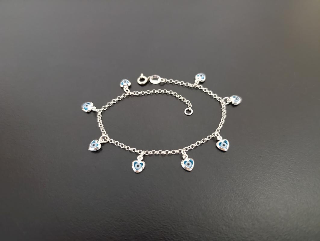 Pulseira Olho Grego Coração Pendurado - Prata 925